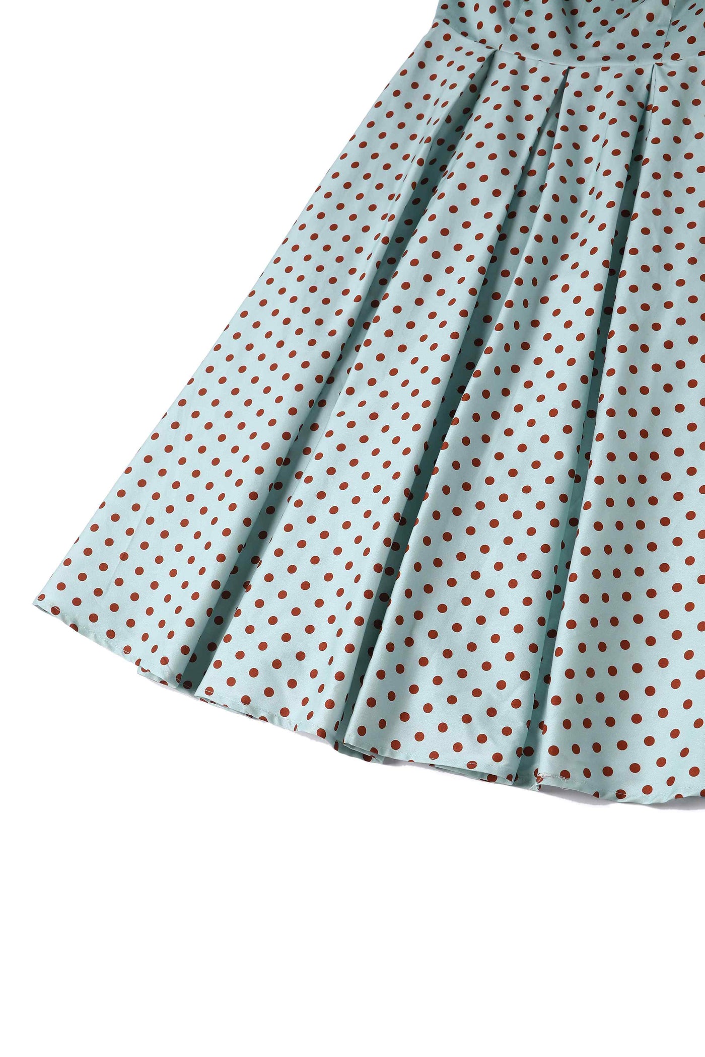 Close up View of Baby Blue and Red Polka Dot Off Shoulder Dress