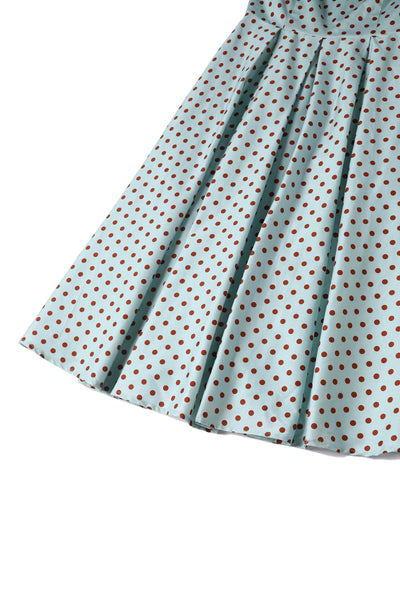 Close up View of Baby Blue and Red Polka Dot Off Shoulder Dress