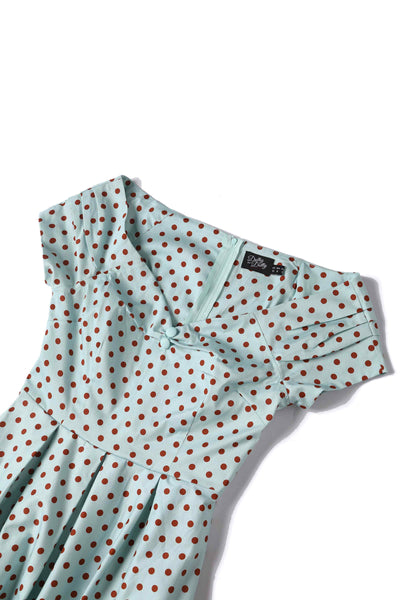 Close up View of Baby Blue and Red Polka Dot Off Shoulder Dress