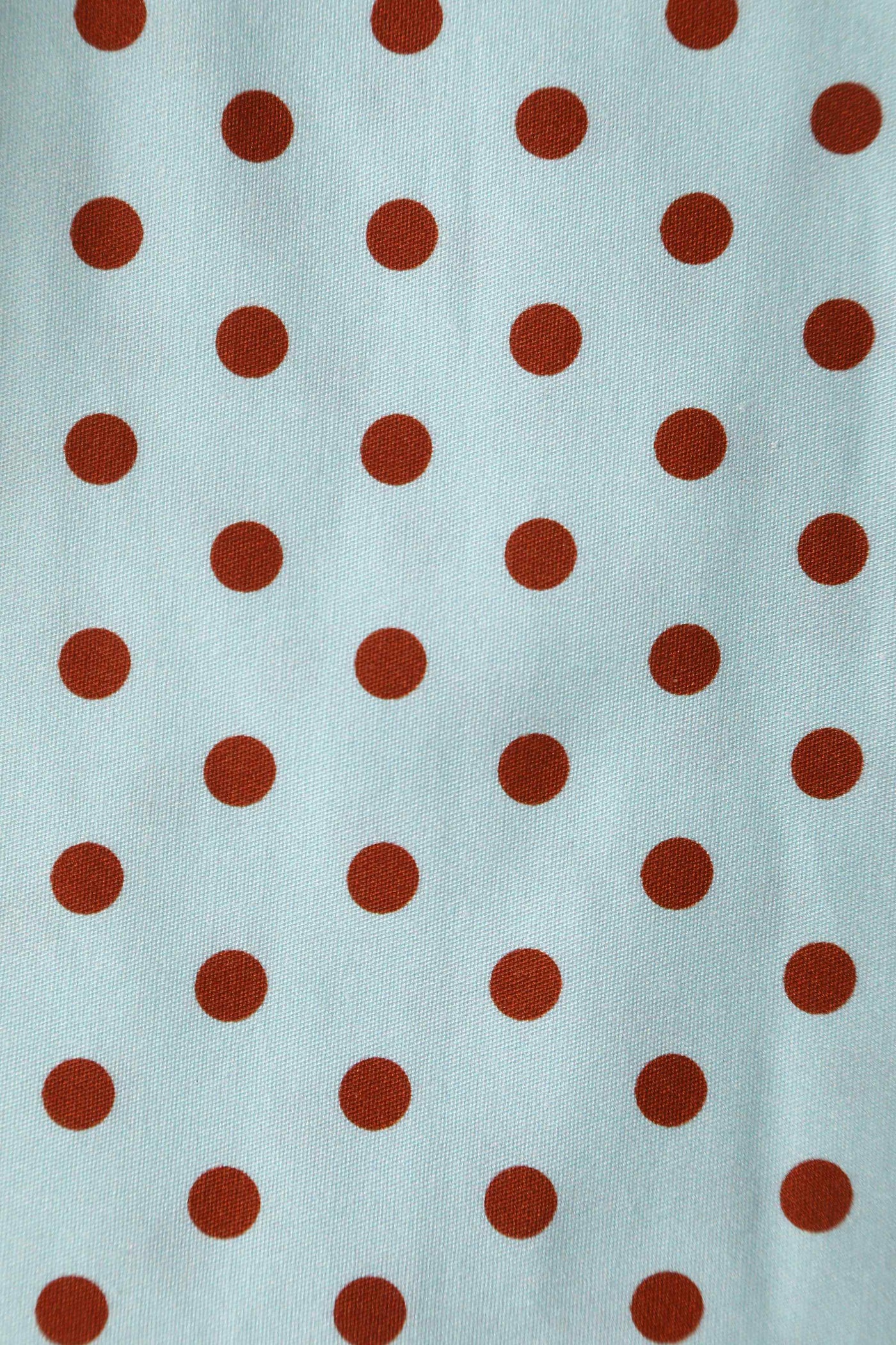 Close up View of Baby Blue and Red Polka Dot Off Shoulder Dress
