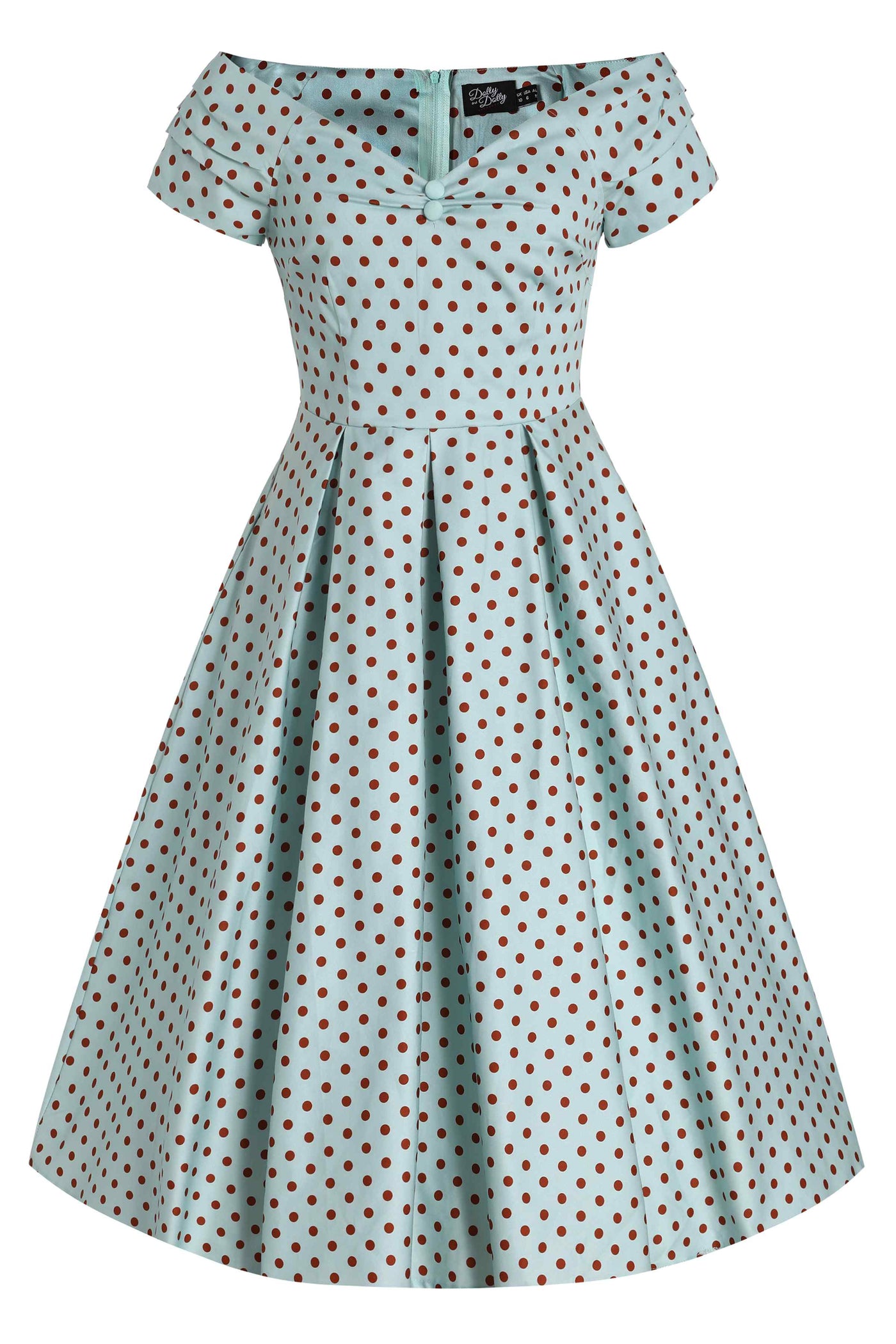 Front View of Baby Blue and Red Polka Dot Off Shoulder Dress