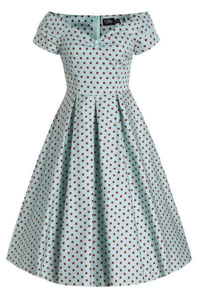 Front View of Baby Blue and Red Polka Dot Off Shoulder Dress