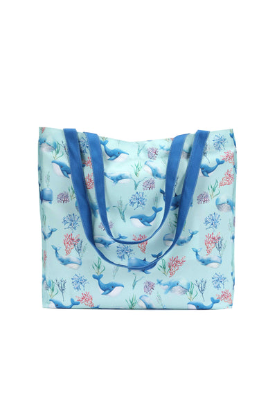 Blue Whale Print Beach Tote Bag