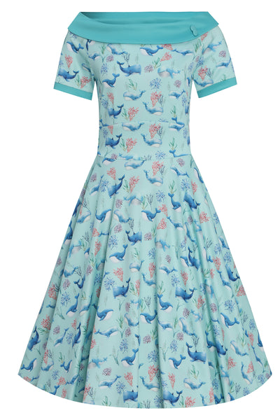 Front view of Baby Blue Whale Swing Dress