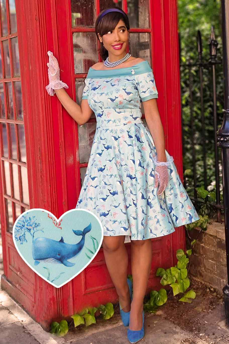 A model wearing a Baby Blue Whale Swing Dress