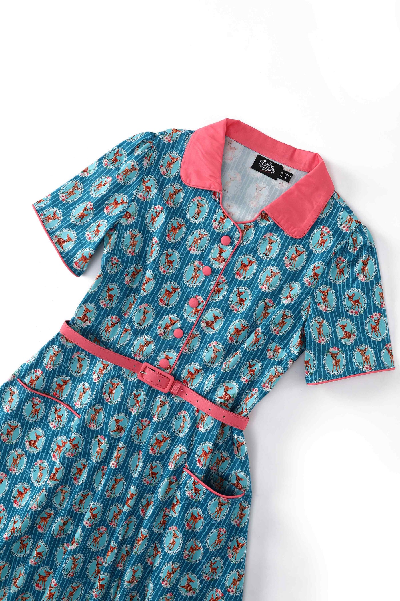 Close up  view of Baby Deer Midi Shirt Dress In Blue