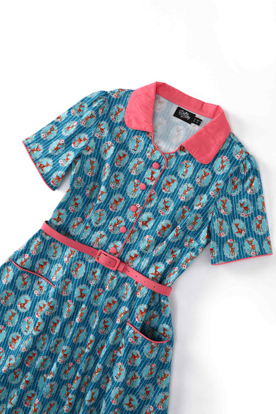 Close up  view of Baby Deer Midi Shirt Dress In Blue