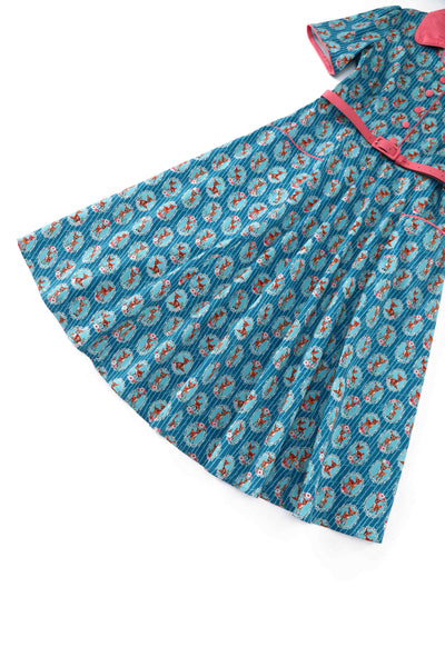 Close up  view of Baby Deer Midi Shirt Dress In Blue