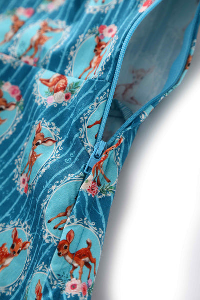 Close up  view of Baby Deer Midi Shirt Dress In Blue