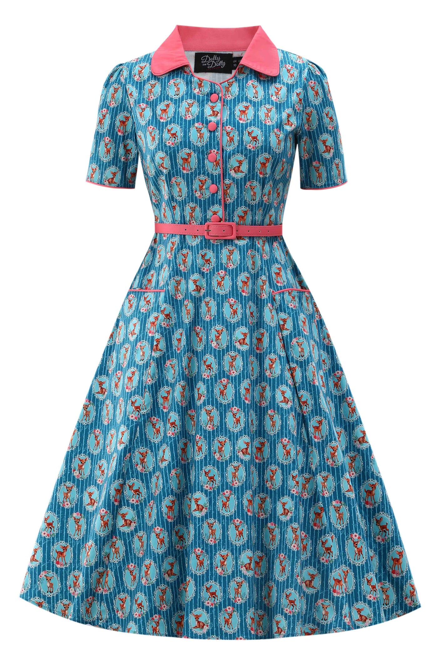 Front view of Baby Deer Midi Shirt Dress In Blue