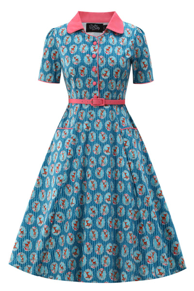 Front view of Baby Deer Midi Shirt Dress In Blue