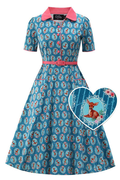 Front view of Baby Deer Midi Shirt Dress In Blue