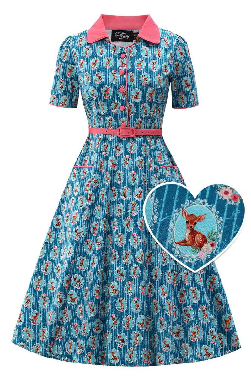 Front view of Baby Deer Midi Shirt Dress In Blue
