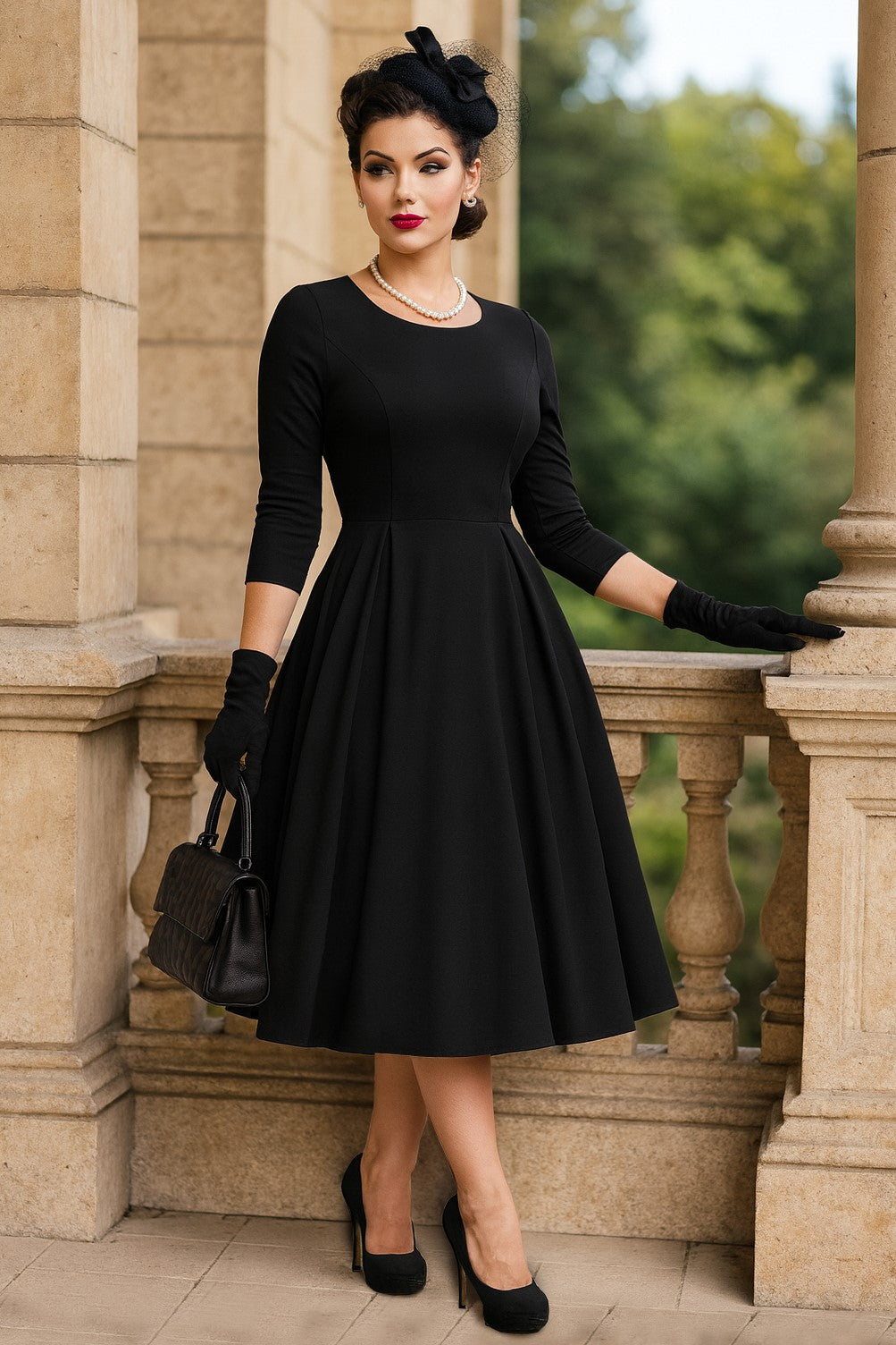 A model wearing a Beatrix Black Formal Dress