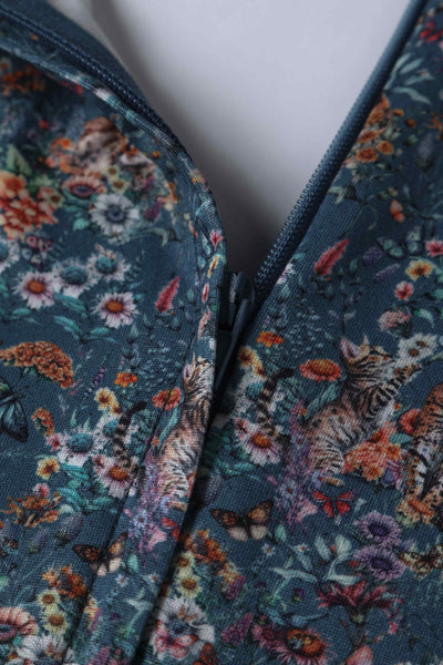 Close up View of Bengal Cat Print Long Sleeved Swing Dress in Blue