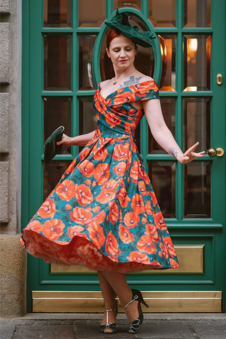 Orange Poppy Off Shoulder Dress In Green | 1950s Style