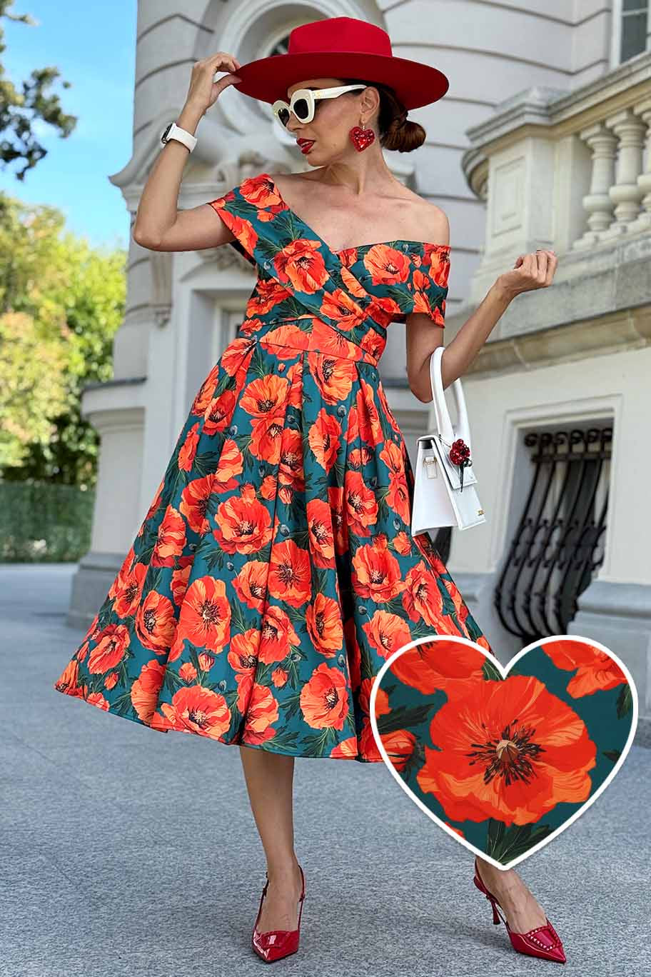 A lady wearing aBeverly Orange Poppy Off Shoulder Dress In Green