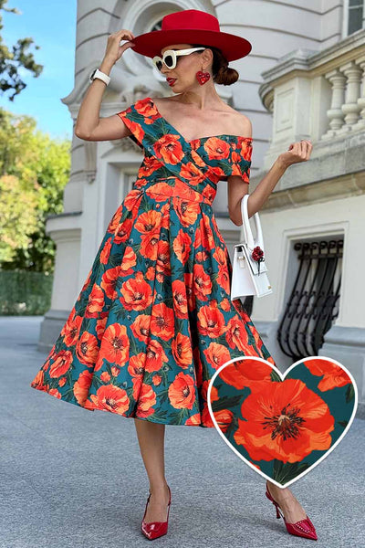 A lady wearing aBeverly Orange Poppy Off Shoulder Dress In Green