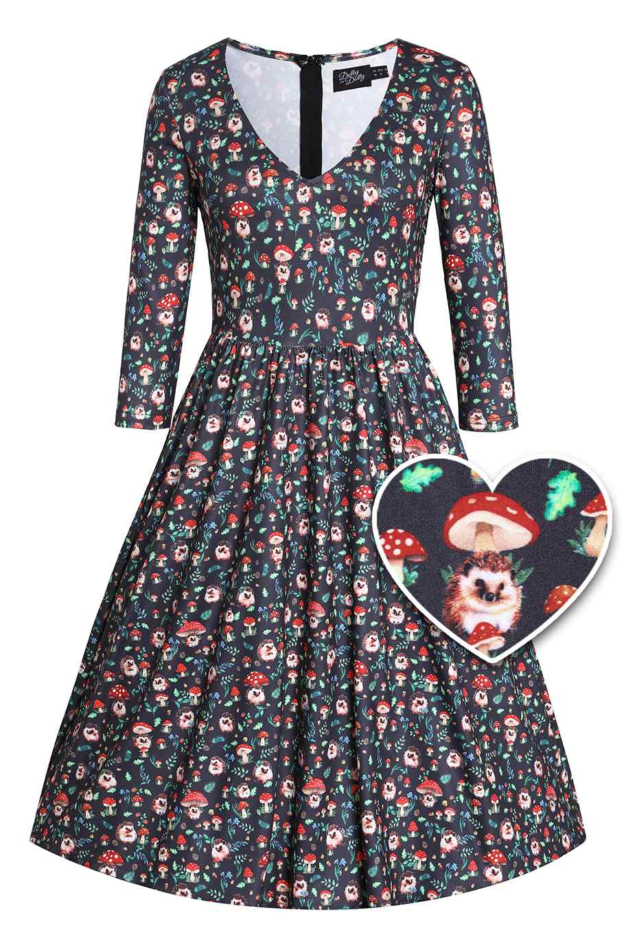 Front view of Black Hedgehog & Mushroom Print Dress