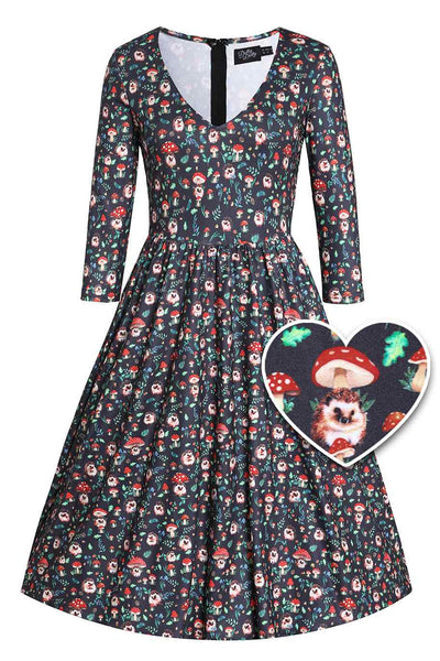 Front view of Black Hedgehog & Mushroom Print Dress