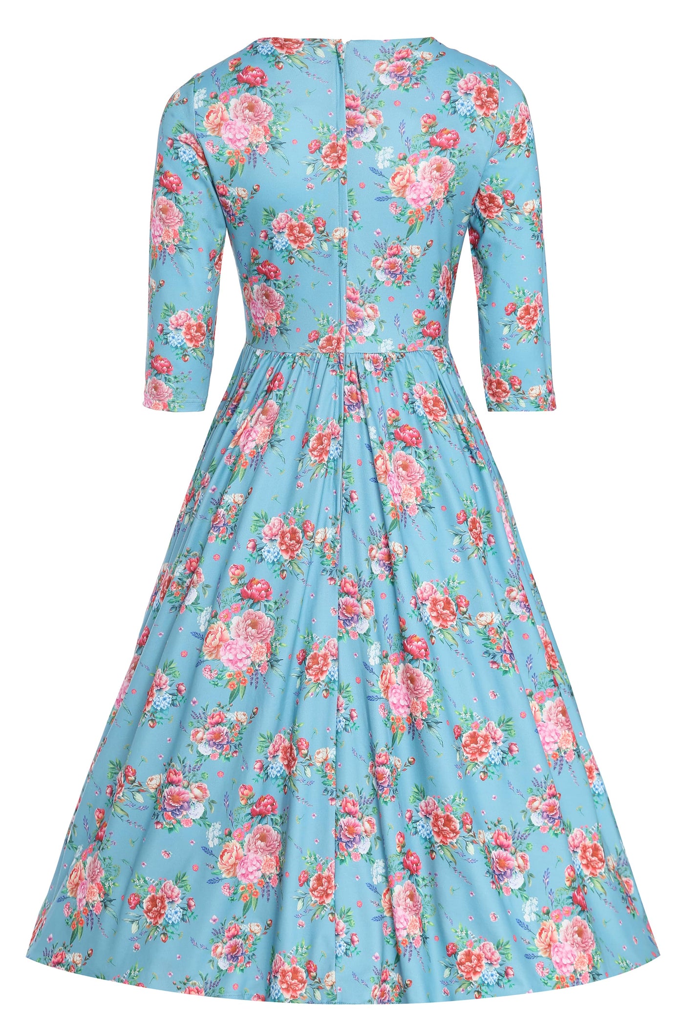 billie blue floral english garden dress behind angle