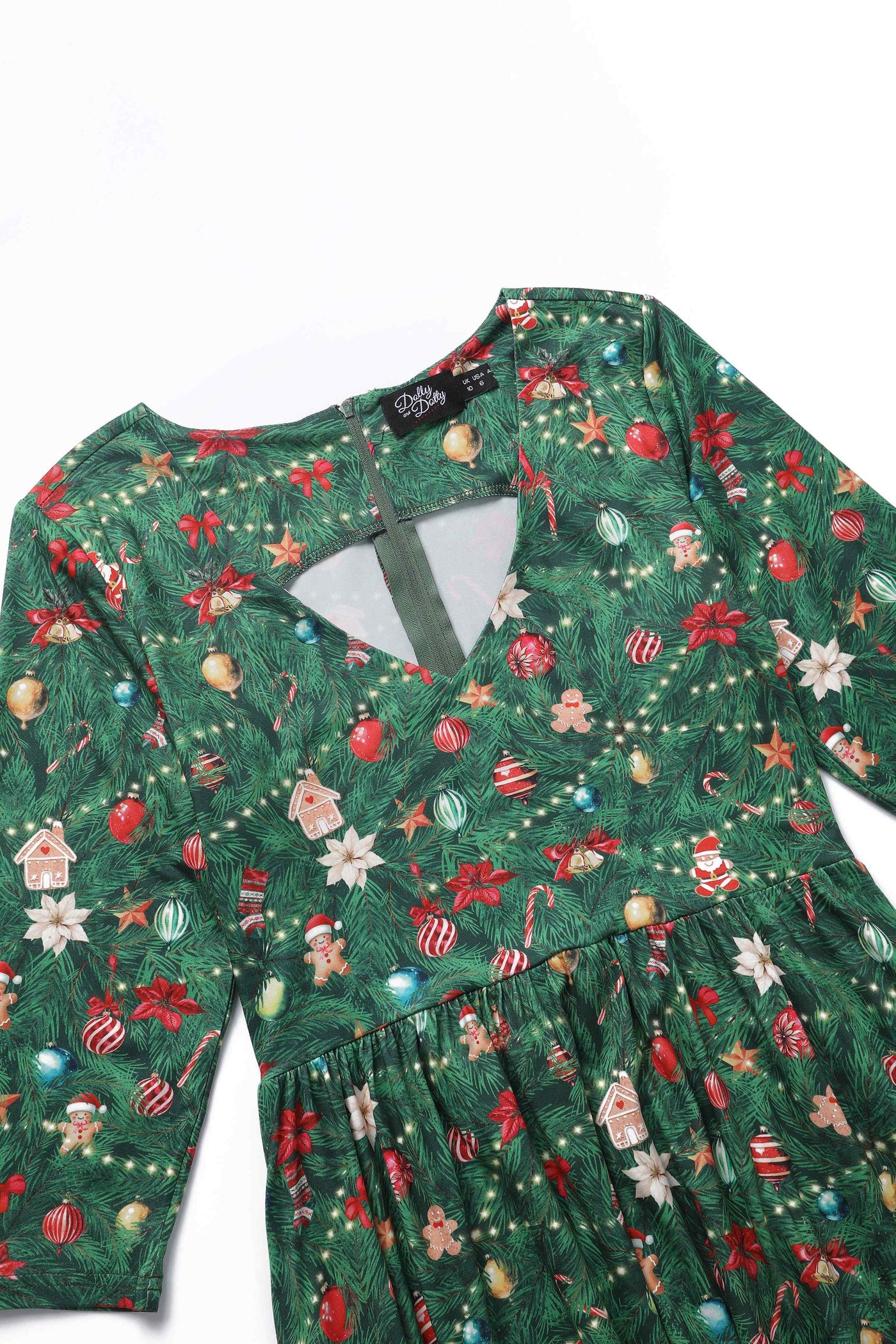 Close up view the top of Billie Christmas Tree Long Sleeved Dress