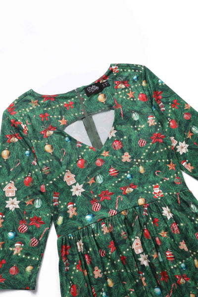 Close up view the top of Billie Christmas Tree Long Sleeved Dress