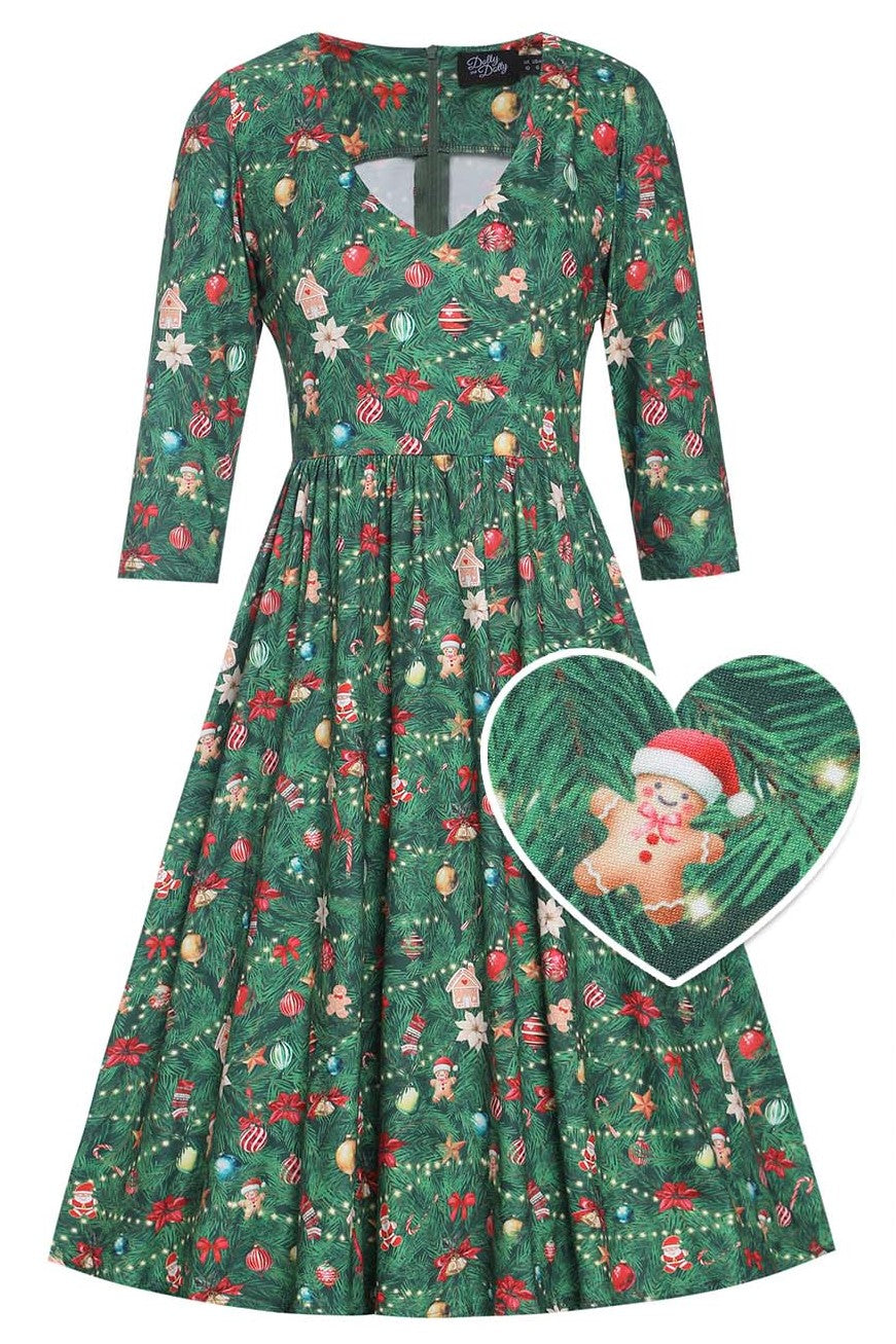 Front view of Billie Christmas Tree Long Sleeved Dress