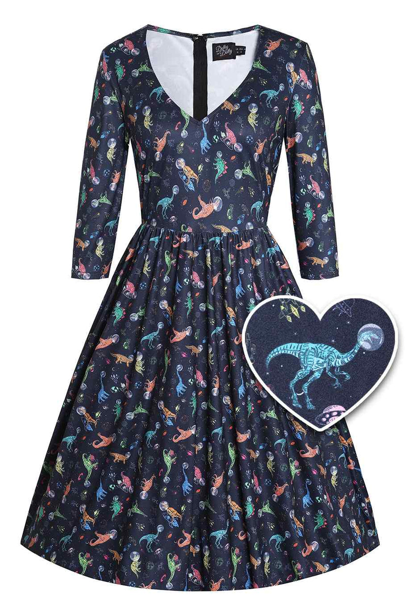 A Front view of Dinosaur In Space Long Sleeved Dress