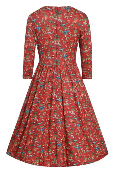 Back view of View of Dinosaur Volcano Flared Dress In Red
