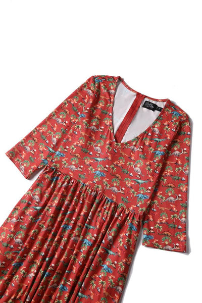 Close up View of Dinosaur Volcano Flared Dress In Red