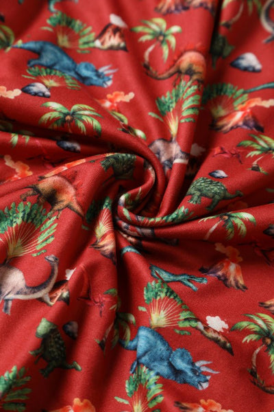 Close up View of Dinosaur Volcano Flared Dress In Red