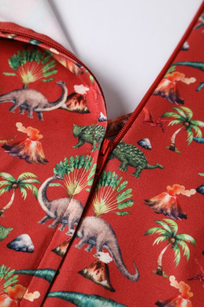 Close up View of Dinosaur Volcano Flared Dress In Red