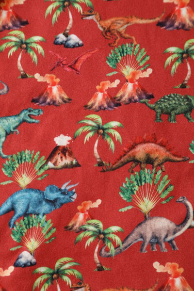 Close up View of Dinosaur Volcano Flared Dress In Red