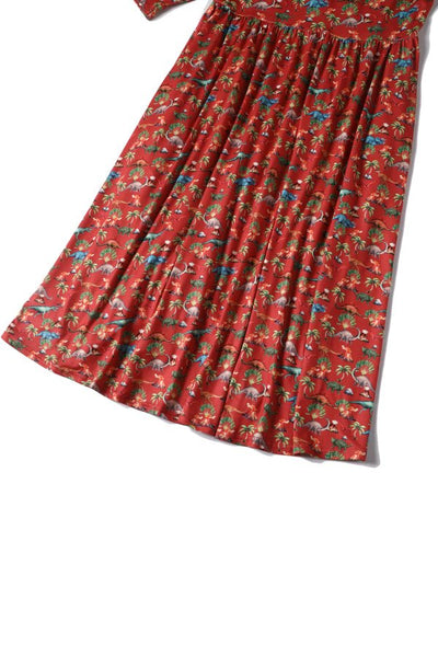 Close up View of Dinosaur Volcano Flared Dress In Red