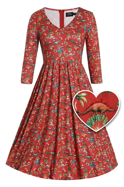 Front View of Dinosaur Volcano Flared Dress In Red