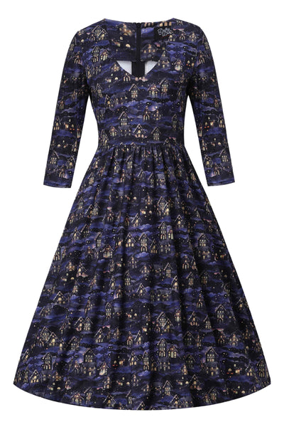 Front view of Billie Purple Christmas Eve Flared Dress