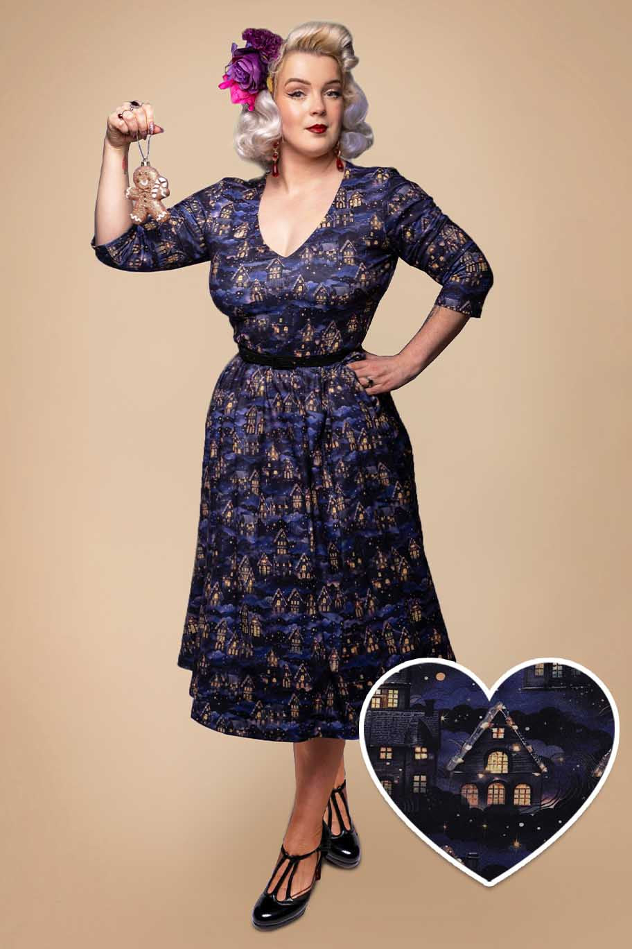 A model wearing a Billie Purple Christmas Eve Flared Dress