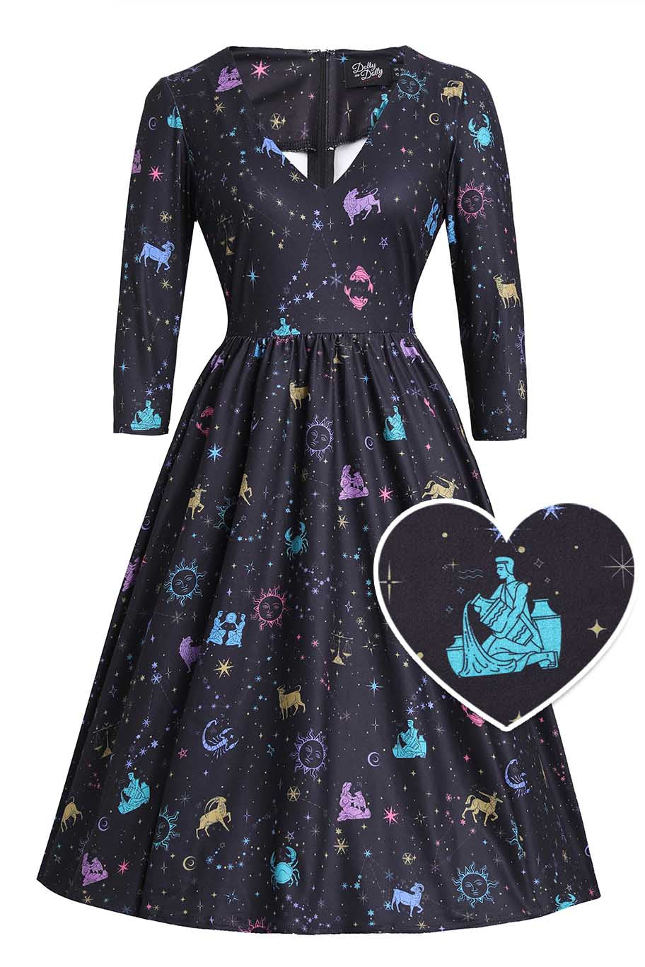 Front view of Billie Sparkly Horoscope Black Dress