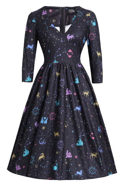 Front view of Billie Sparkly Horoscope Black Dress