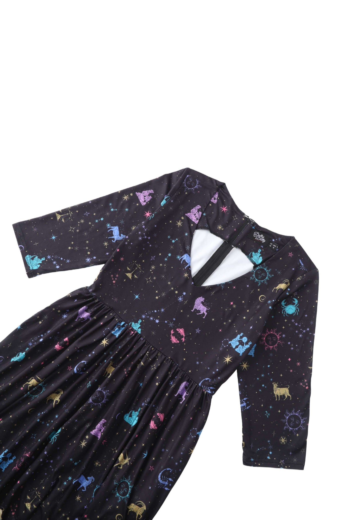 Close up view the top of Billie Sparkly Horoscope Black Dress