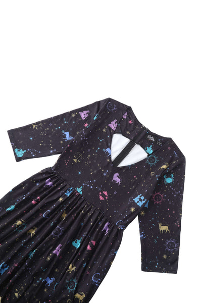 Close up view the top of Billie Sparkly Horoscope Black Dress