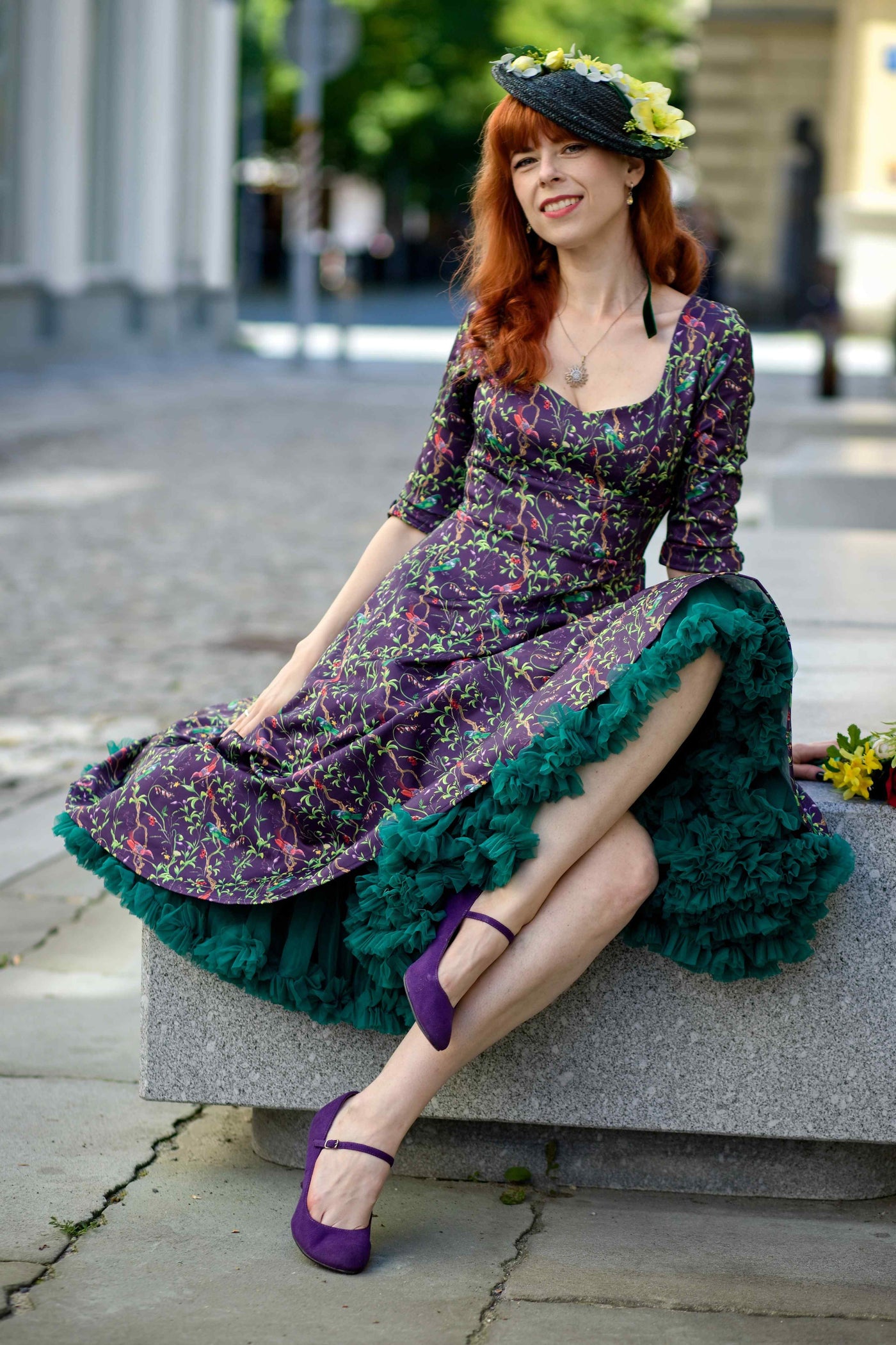 Scarlette Bird & Floral Midi Dress On Purple