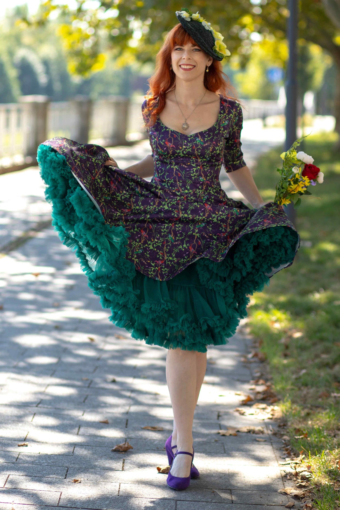 Scarlette Bird & Floral Midi Dress On Purple