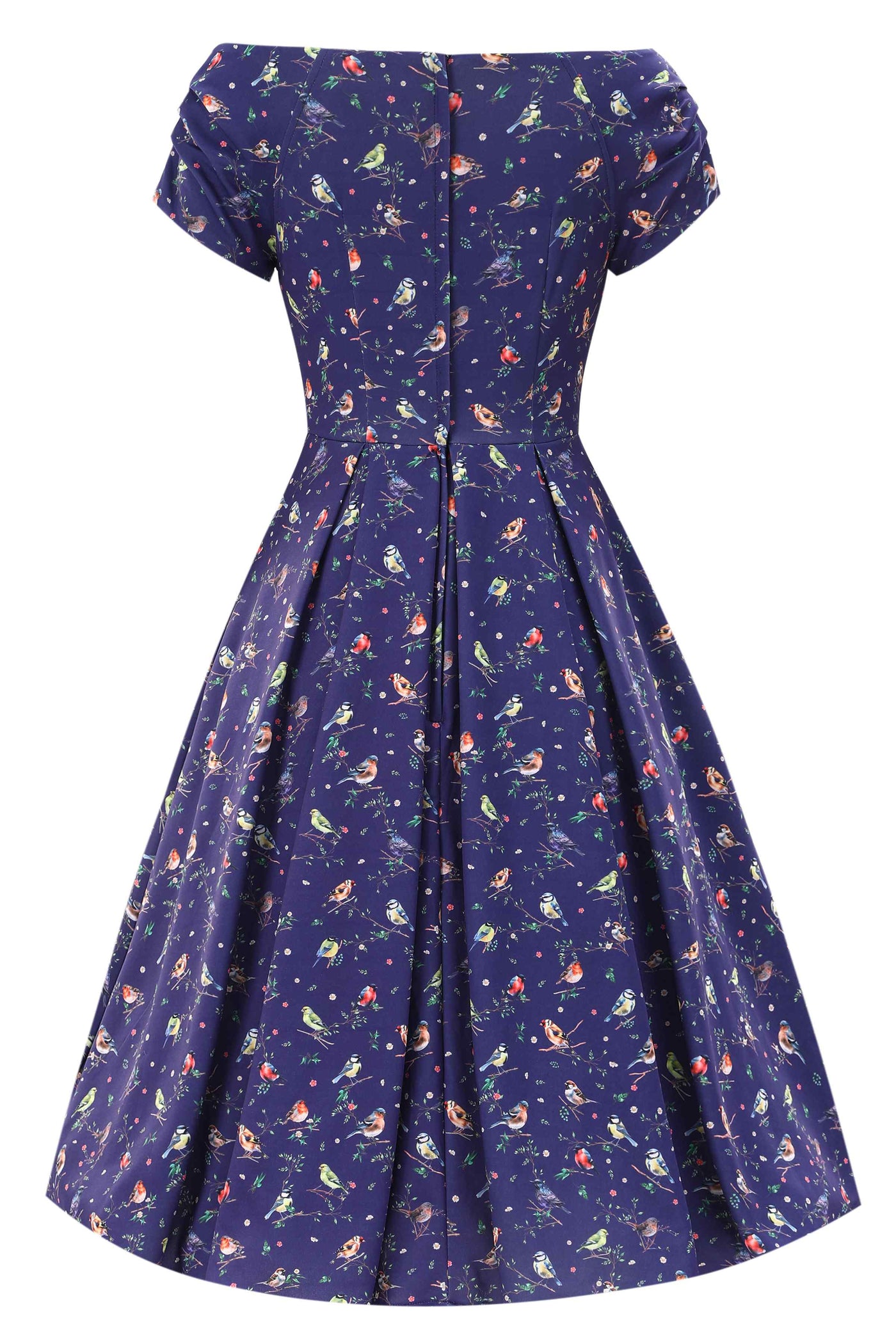 Back view of Bird Garden Off Shoulder Dress In Navy Blue