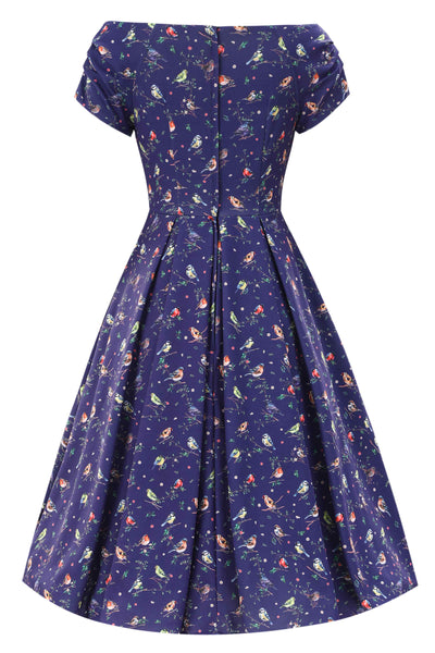 Back view of Bird Garden Off Shoulder Dress In Navy Blue