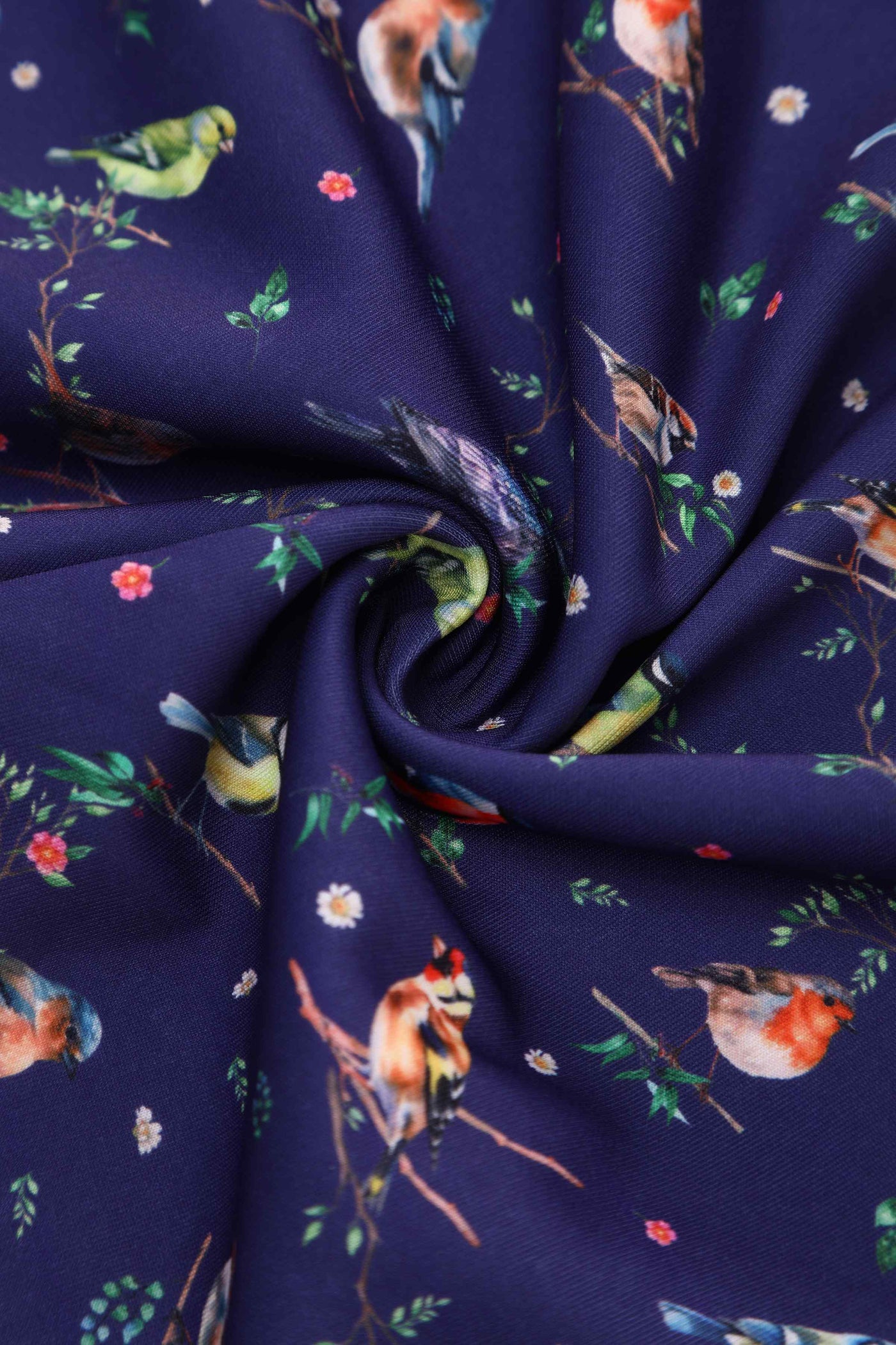 Close up view of Bird Garden Off Shoulder Dress In Navy Blue