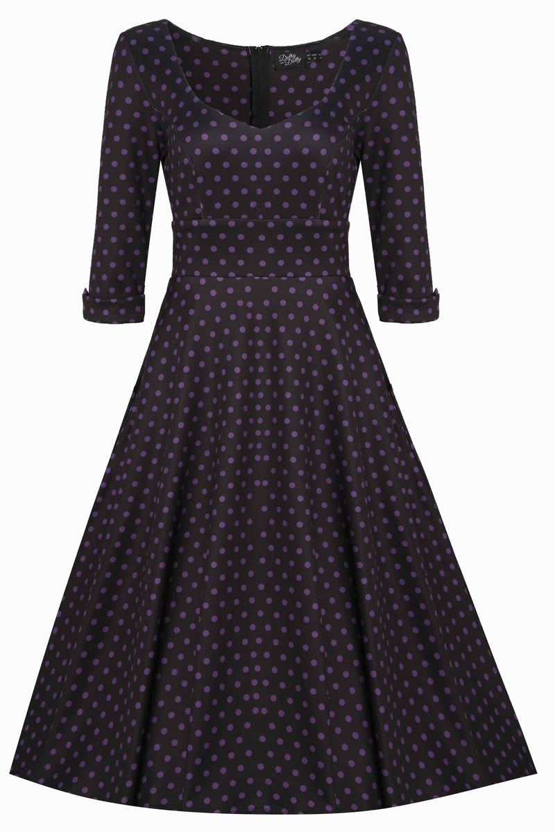  Black & Purple Polka Dot Midi Dress