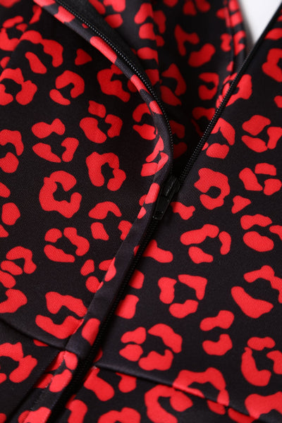 Close up view of Black & Red Cheetah Print Off Shoulder Dress