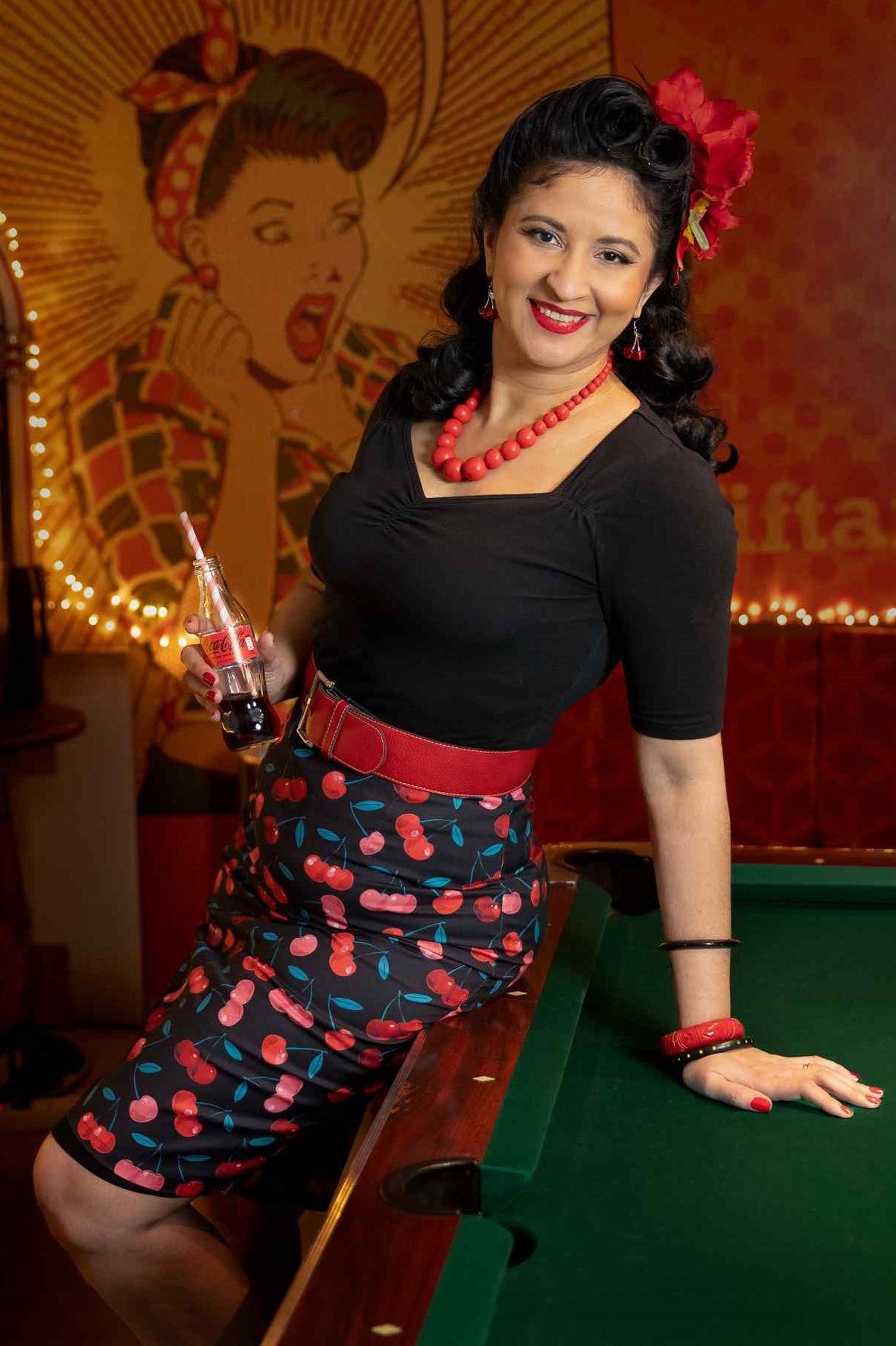 Falda High Waist Pencil Skirt in Black Red Cherry Print